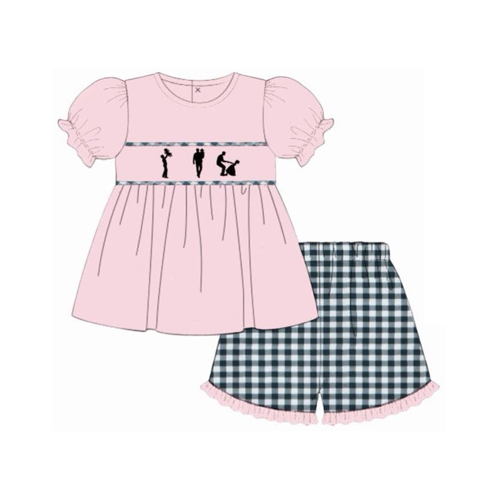 Baby Girls Pink Short Sleeve Dad and Me Tunic Checked Ruffle Short Clothes Sets Preorder