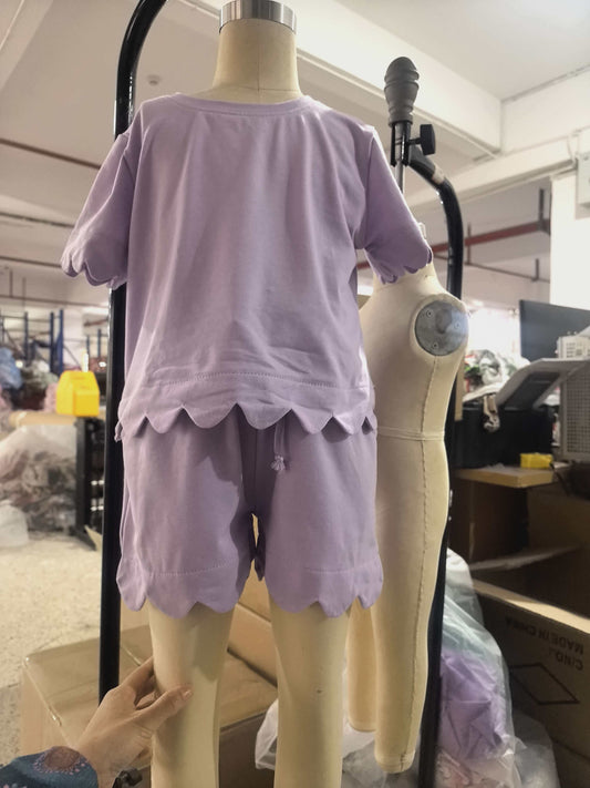 Baby Girls Short Sleeve Lavender Shirts Top Scallop Shorts Clothes Sets Preorder