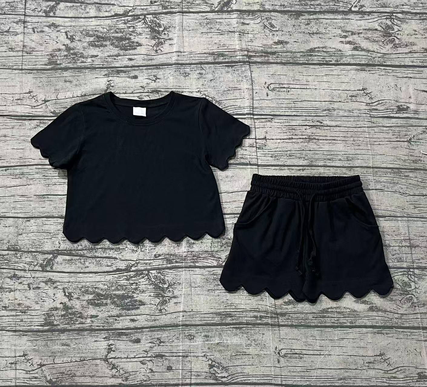 Baby Girls Short Sleeve Black Shirts Top Scallop Shorts Clothes Sets Preorder