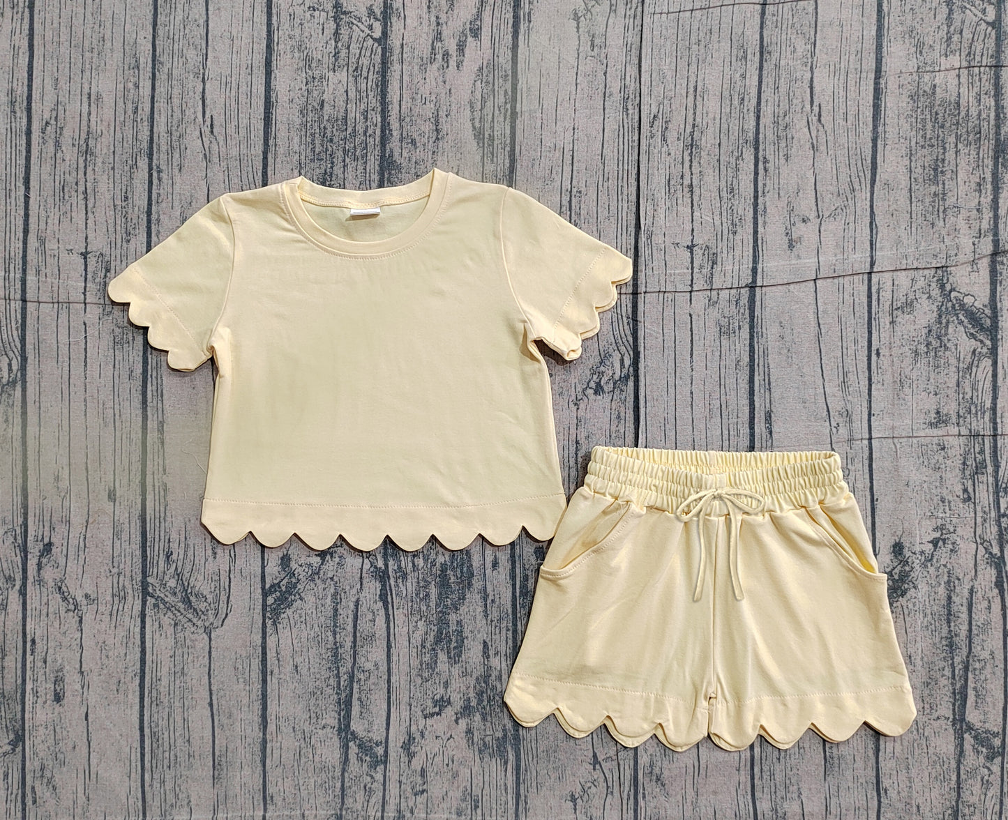 Baby Girls Yellow Short Sleeve Top Pockets Shorts Cotton Scallop Clothes Sets