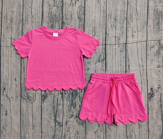 Baby Girls Short Sleeve Hot Pink Shirts Top Scallop Shorts Clothes Sets