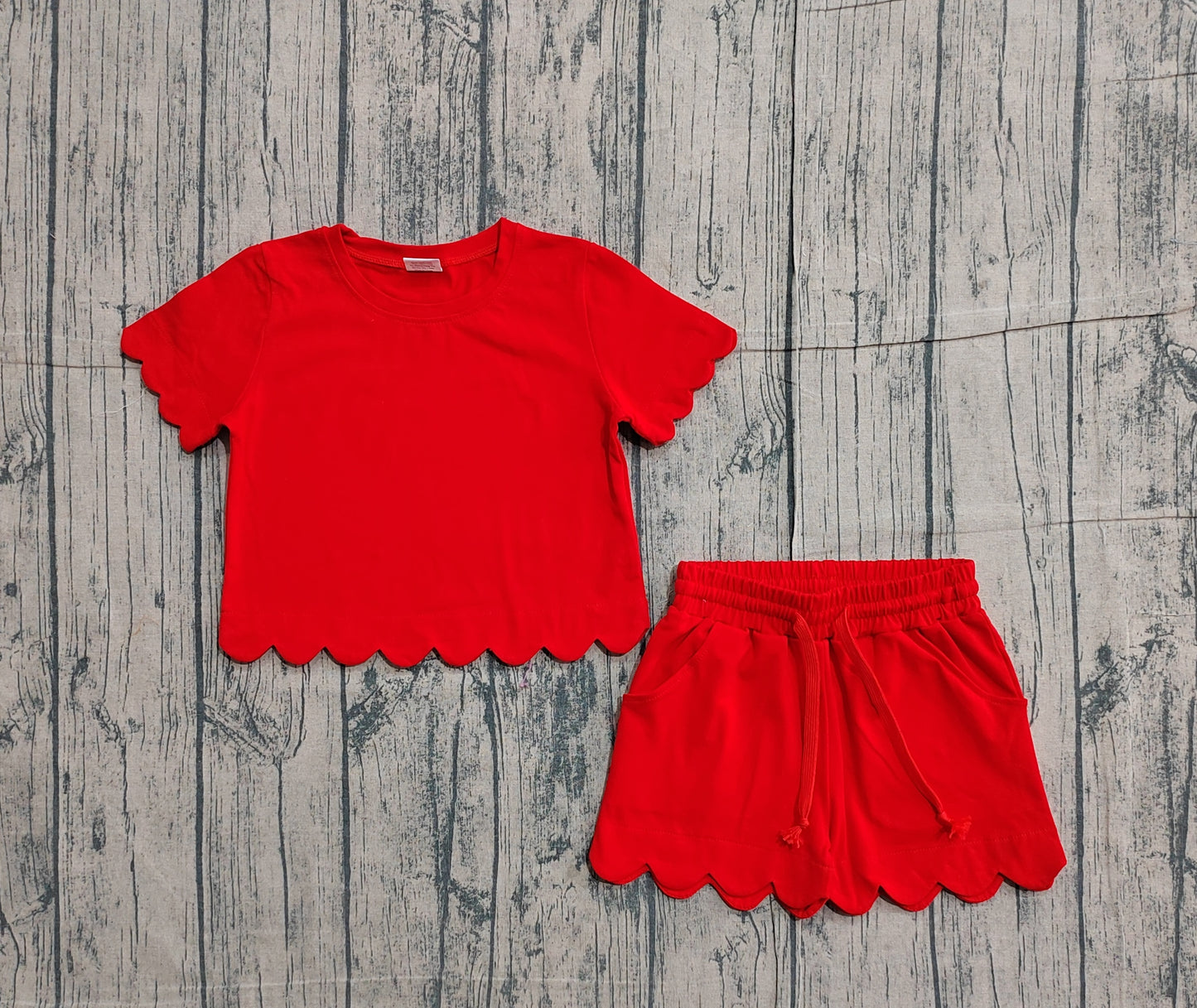 Baby Girls Red Short Sleeve Top Pockets Shorts Cotton Scallop Clothes Sets