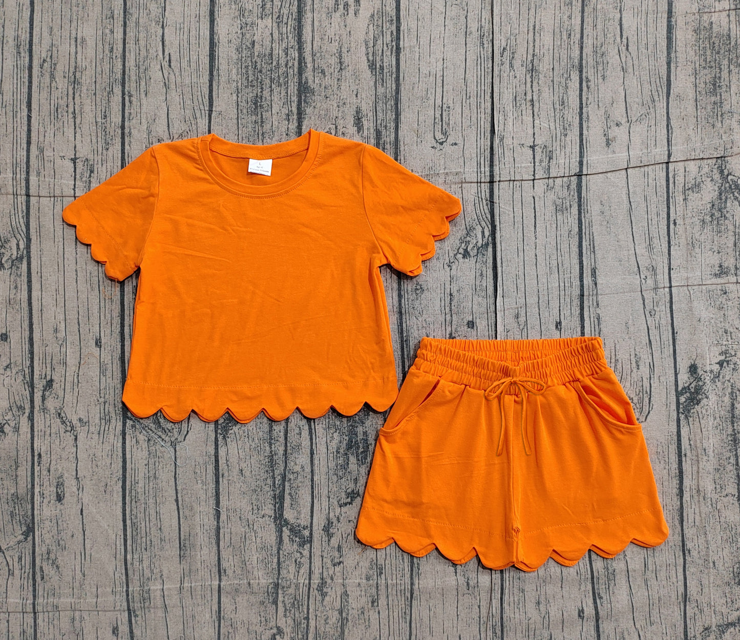 Baby Girls Orange Short Sleeve Top Pockets Shorts Scallop Cotton Clothes Sets