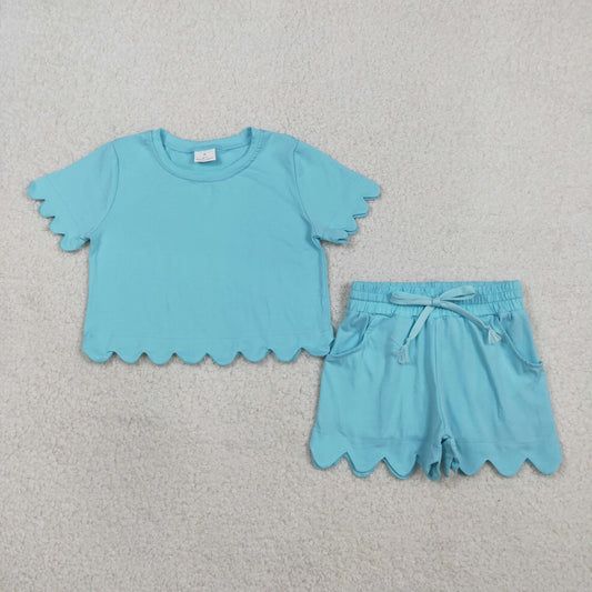Baby Girls Blue Short Sleeve Top Pockets Shorts Scallop Cotton Clothes Sets