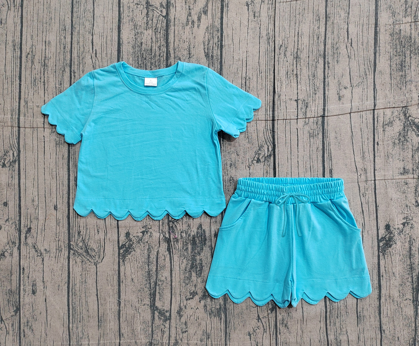 Baby Girls Blue Short Sleeve Top Pockets Shorts Scallop Cotton Clothes Sets