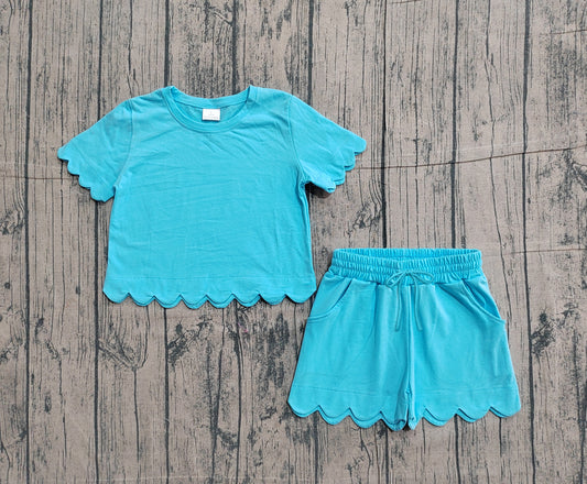 Baby Girls Short Sleeve Blue Shirts Top Scallop Shorts Clothes Sets