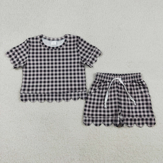Baby Girls Short Sleeve Black Checked Top Shorts Scallop Clothes Sets