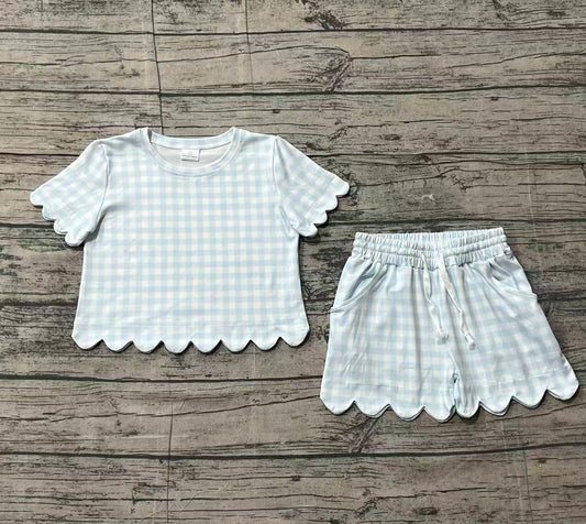Baby Girls Light Blue Checked Shirts Top Scallop Pockets Short Clothes Set