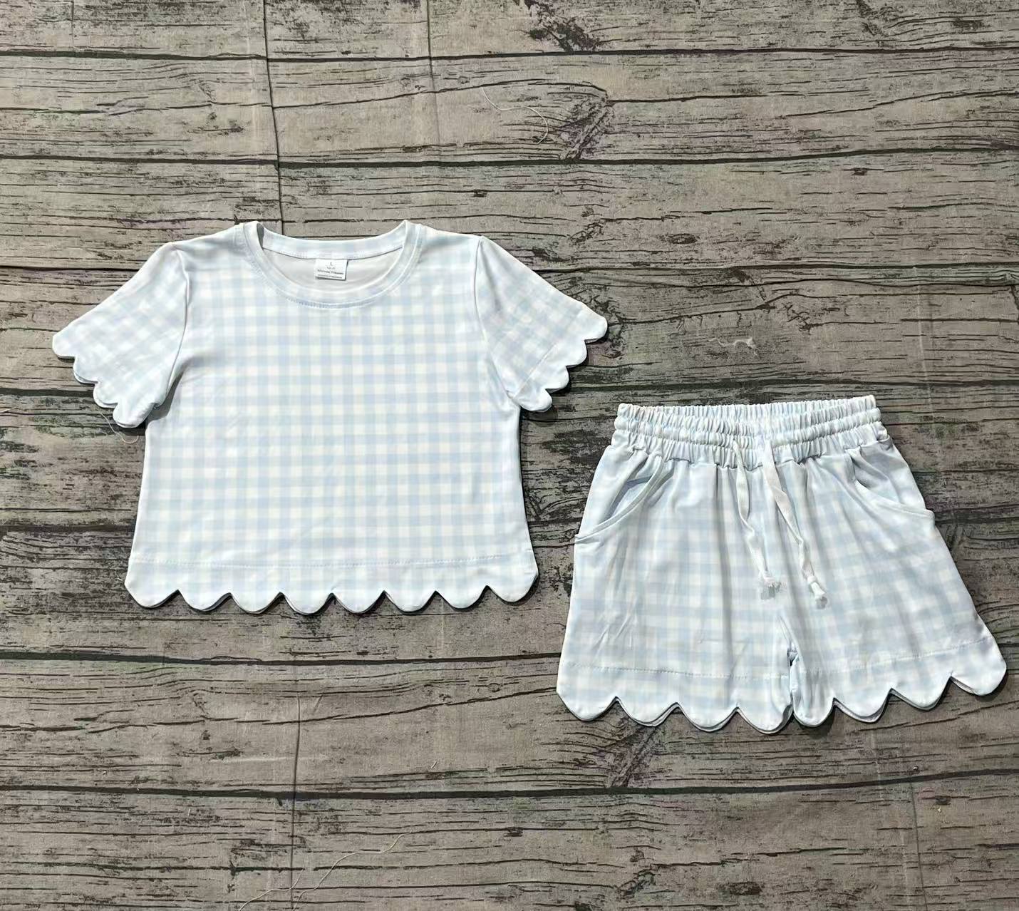 Baby Girls Light Blue Checked Shirts Top Scallop Pockets Short Clothes Set
