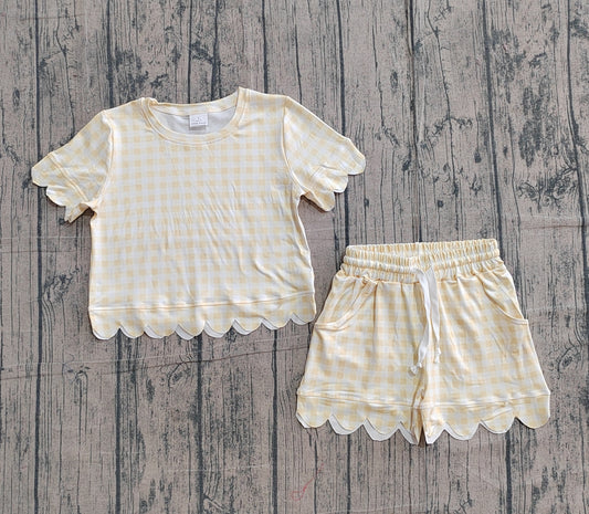 Baby Girls Short Sleeve Yellow Checked Shirts Pockets Short Scallop Clothes Sets