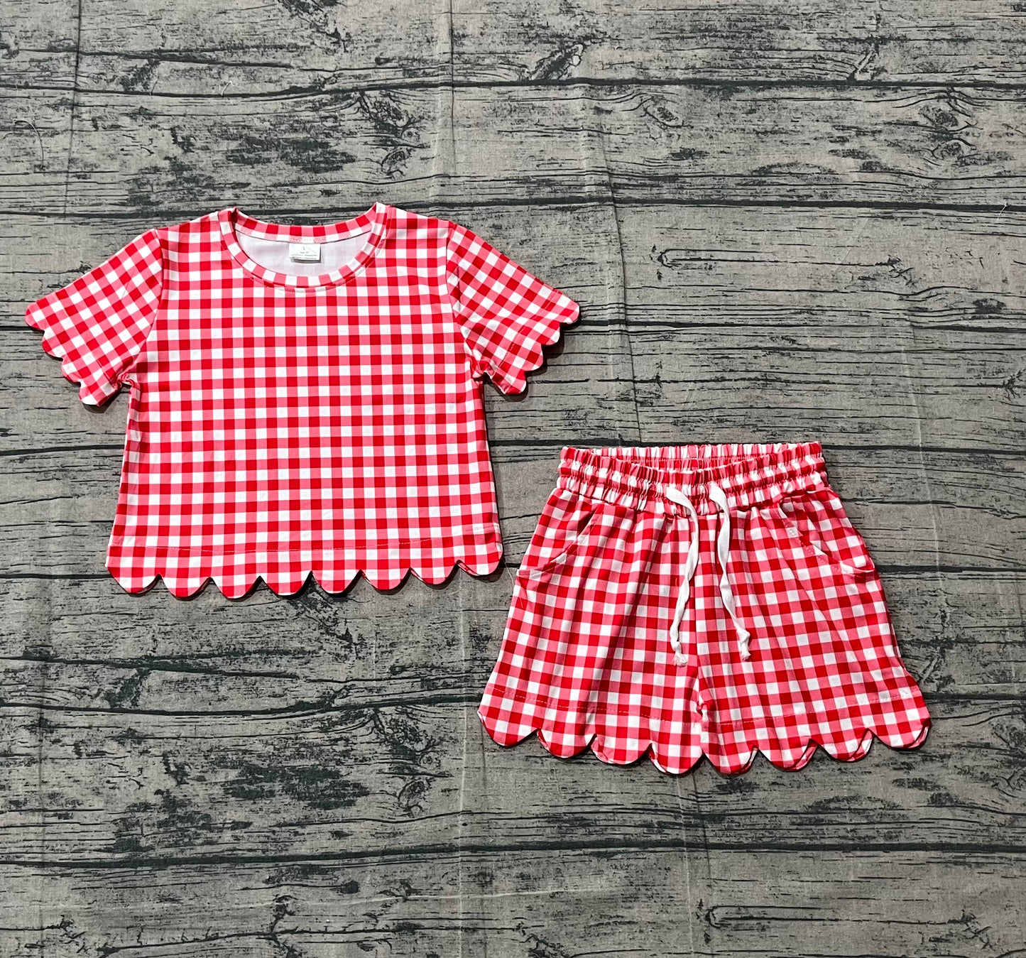 Baby Girls Red Checked Shirts Top Pockets Short Scallop Clothes Set