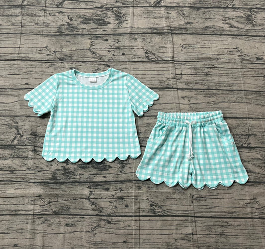 Baby Girls Short Sleeve Blue Checked Shirts Top Scallop Shorts Clothes Sets