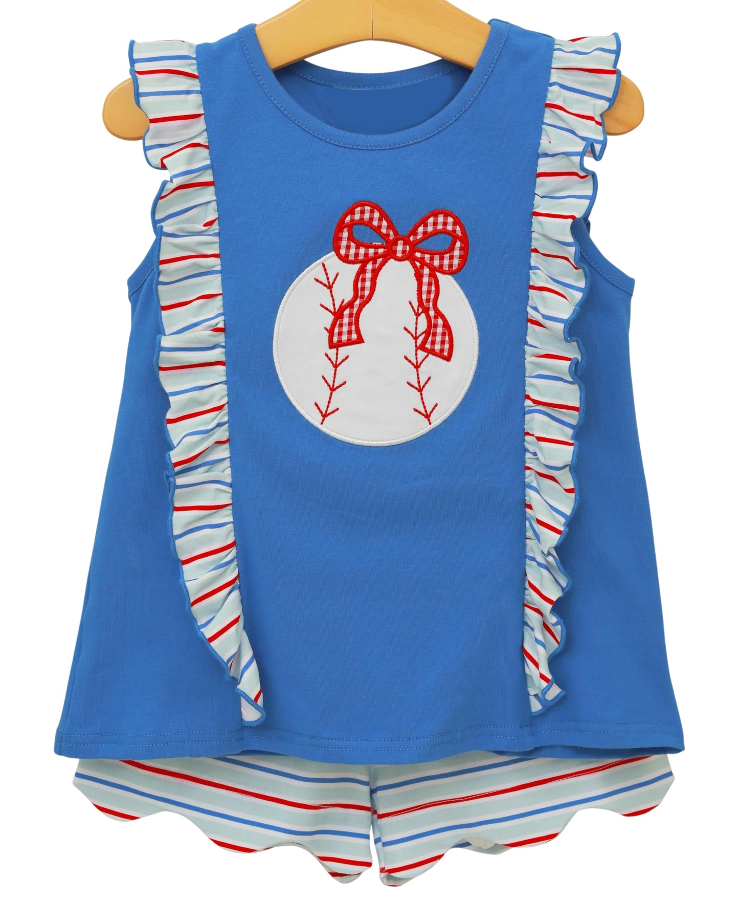 Baby Girls Bow Baseballs Tunic Red Blue Stripe Shorts Team Clothes Sets Preorder