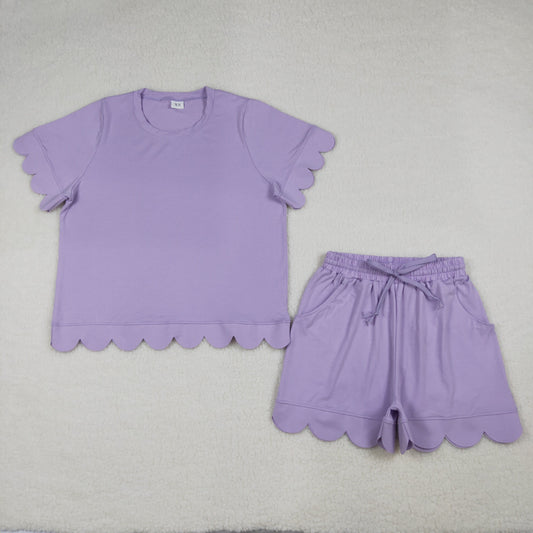Adult Women Lavender Short Sleeve Top Pockets Short Cotton Scallop Clothes Set