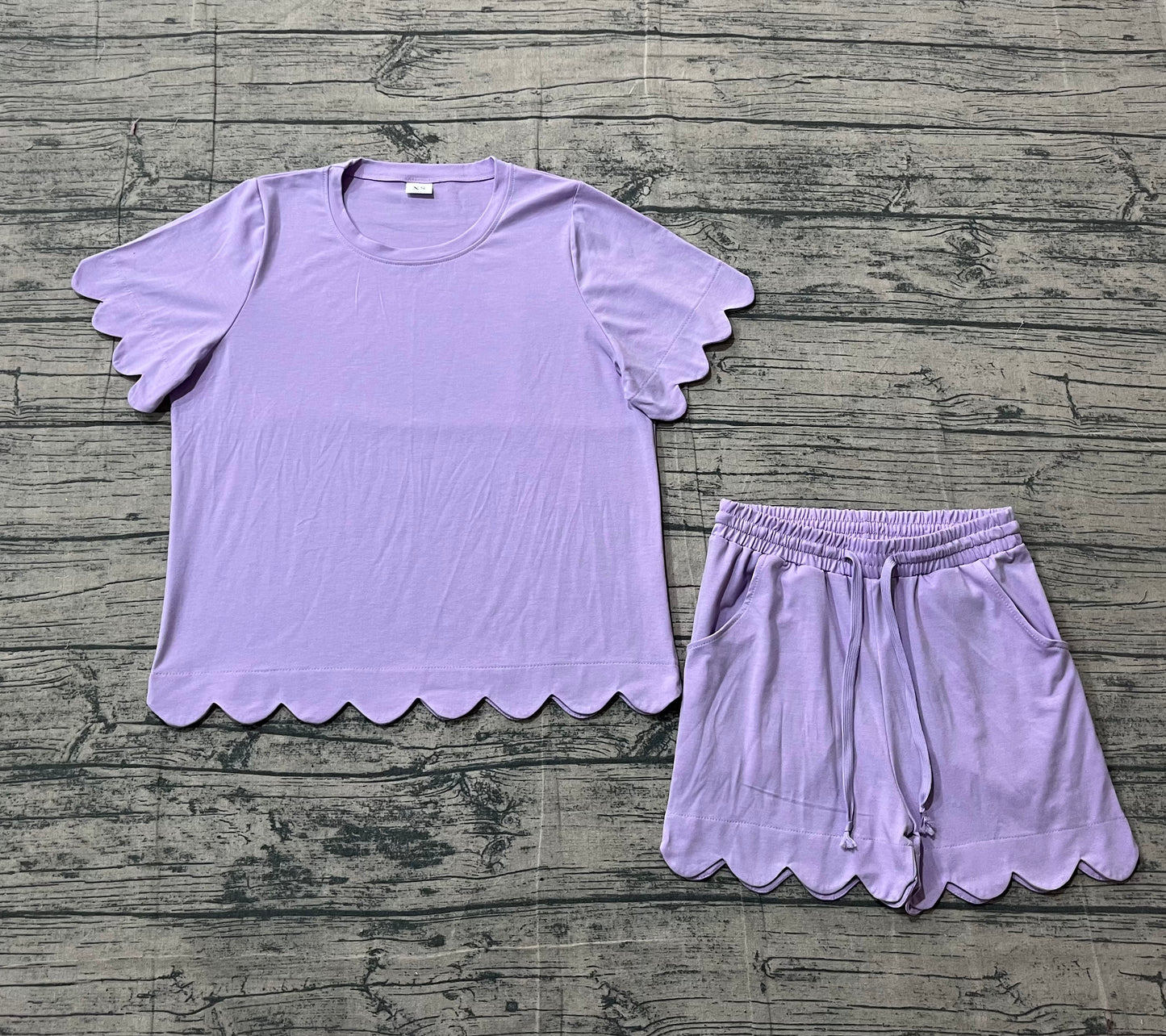 Adult Women Lavender Short Sleeve Top Pockets Short Cotton Scallop Clothes Set