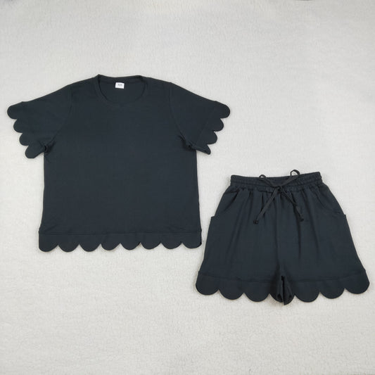 Sibling Adult Women Short Sleeve Shirts Top Pockets Short Scallop Clothes Set