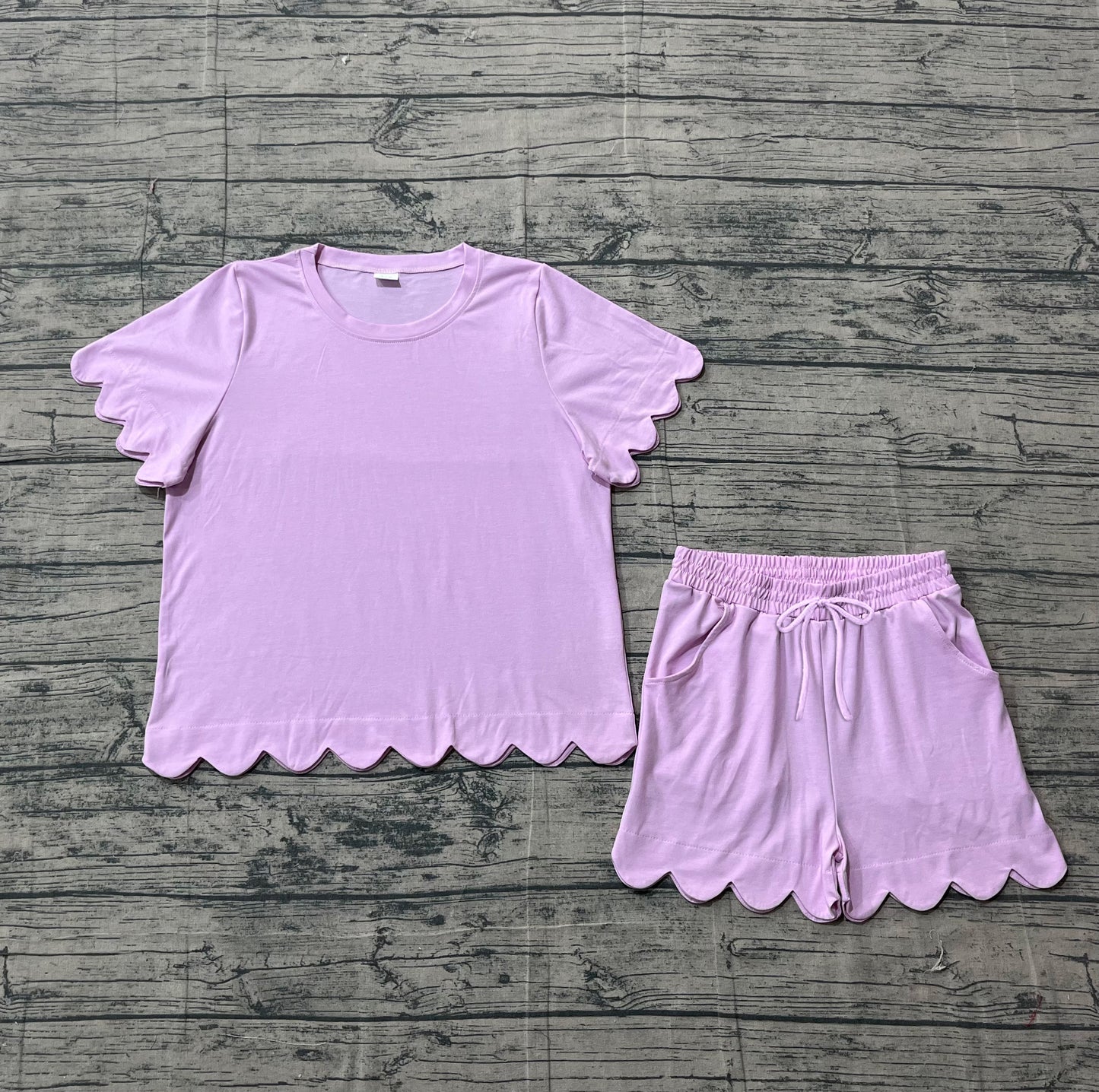 Adult Women Pink Short Sleeve Top Pockets Short Cotton Scallop Clothes Set