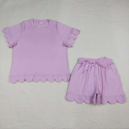 Adult Women Pink Short Sleeve Top Pockets Short Cotton Scallop Clothes Set