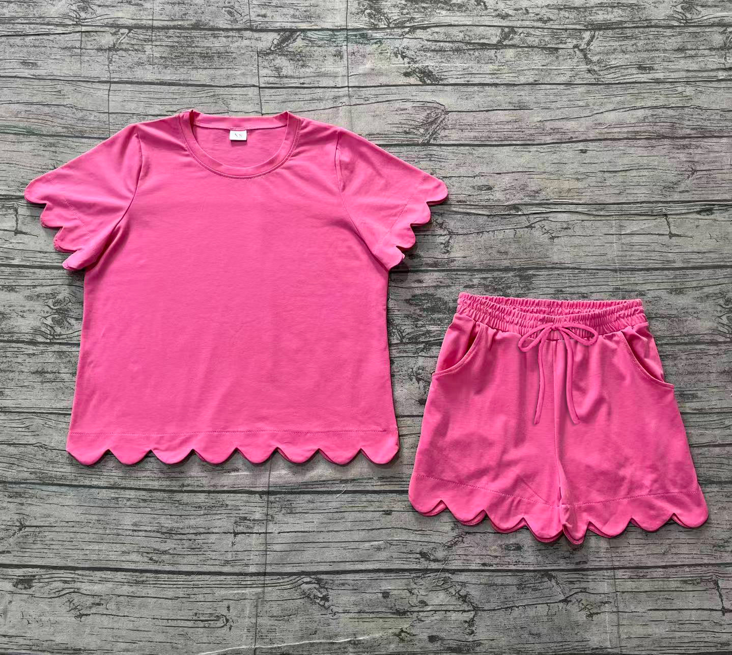 Adult Women Hot Pink Shorts Sleeve Top Pockets Short Cotton Scallop Clothes Sets