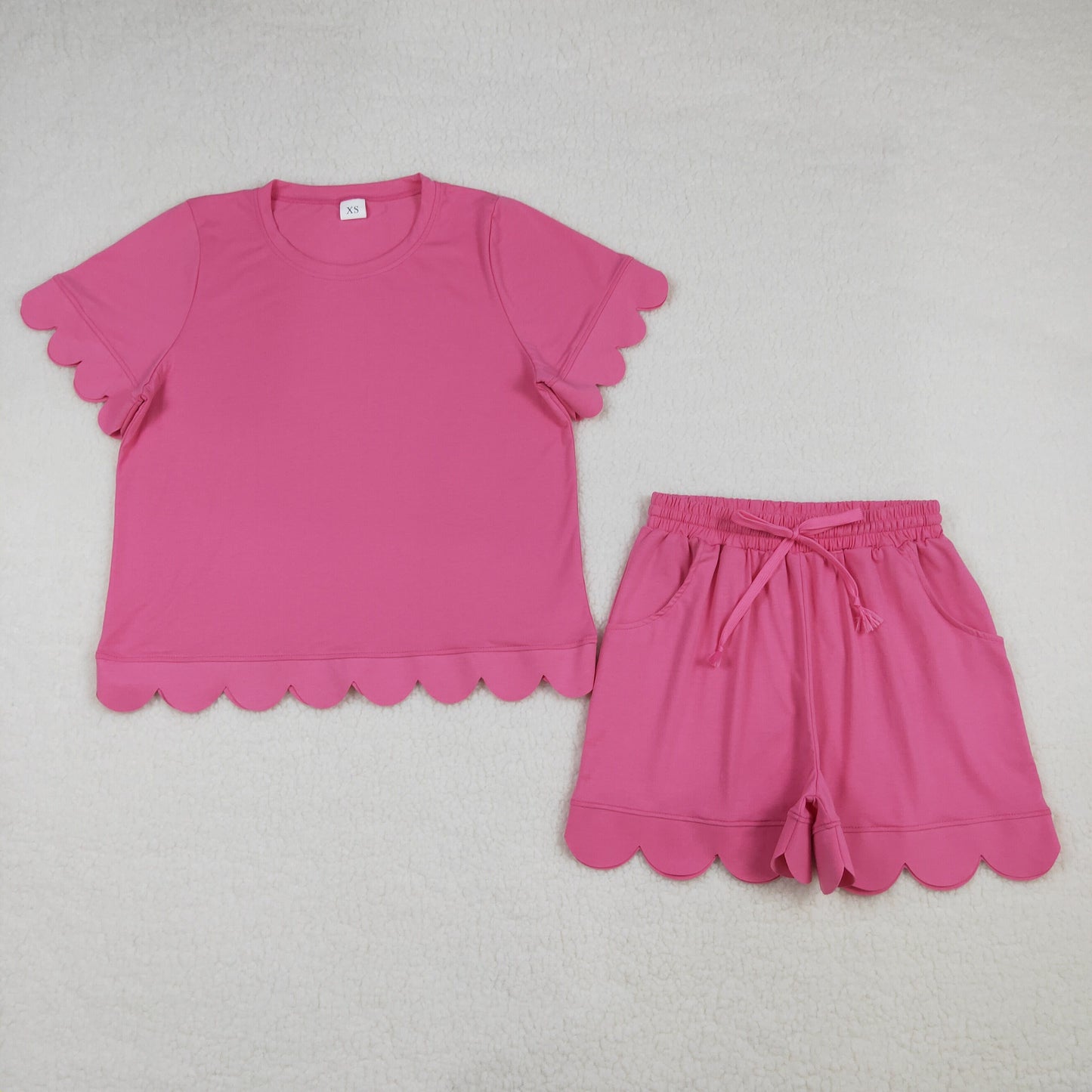 Sibling Adult Women Short Sleeve Shirts Top Pockets Short Scallop Clothes Set