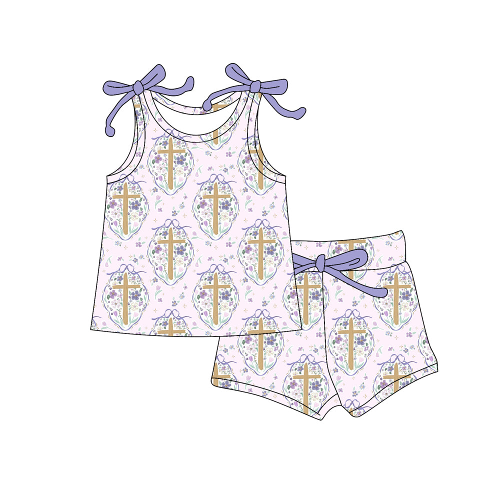 Baby Girls Sleeveless Flowers Crosses Tunic Shorts Easter Clothes Sets Preorder