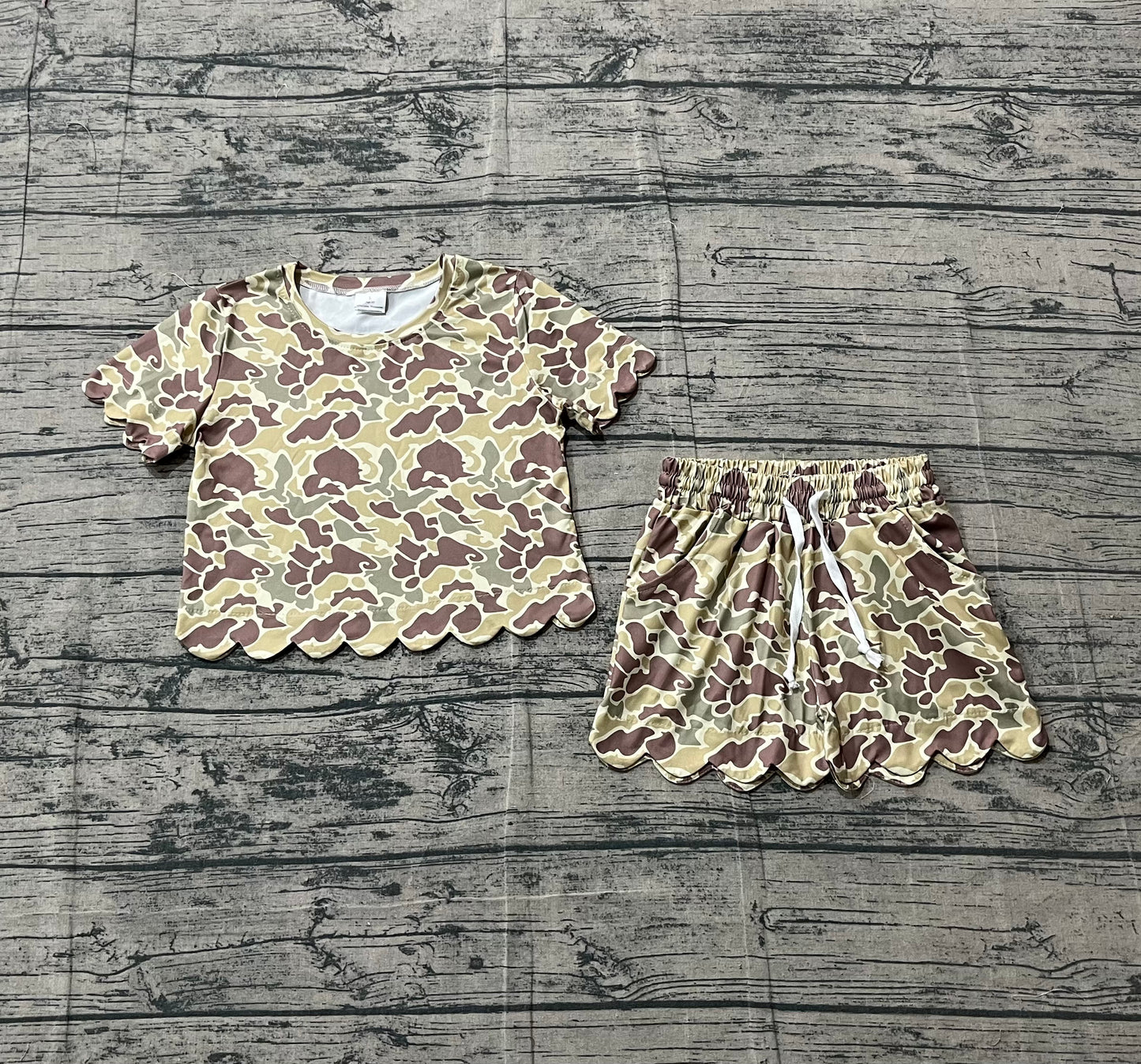 Baby Girls Southern Khaki Camo Top Pockets Shorts Scallop Clothes Set