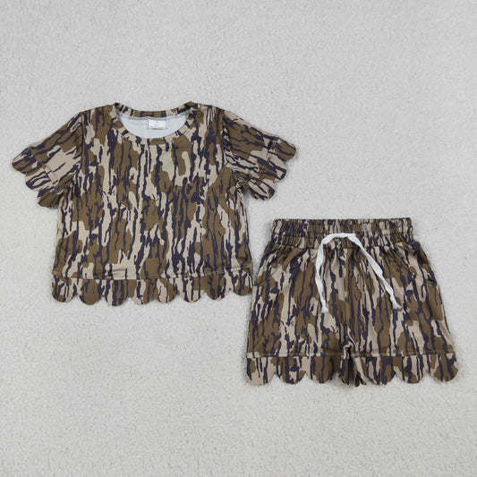 Baby Girls Southern Olive Camo Top Pockets Shorts Scallop Clothes Sets