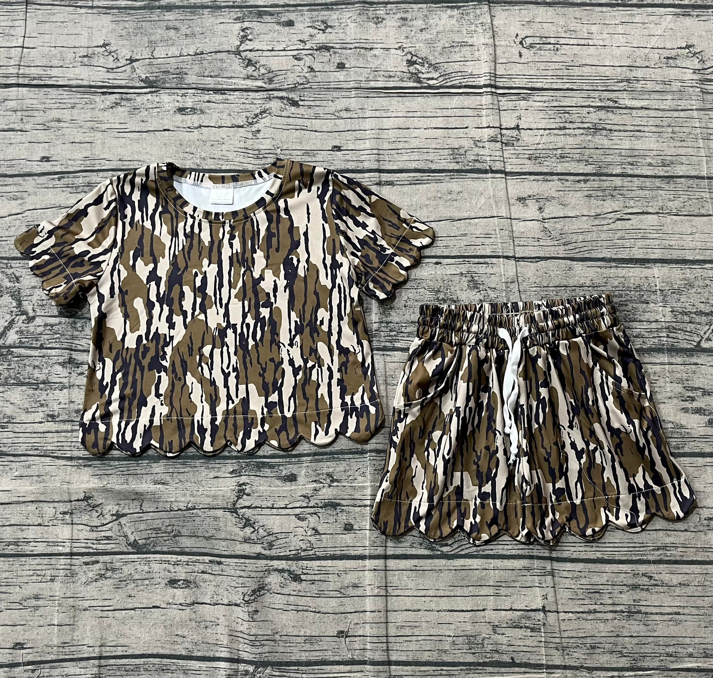 Baby Girls Southern Olive Camo Top Pockets Shorts Scallop Clothes Sets