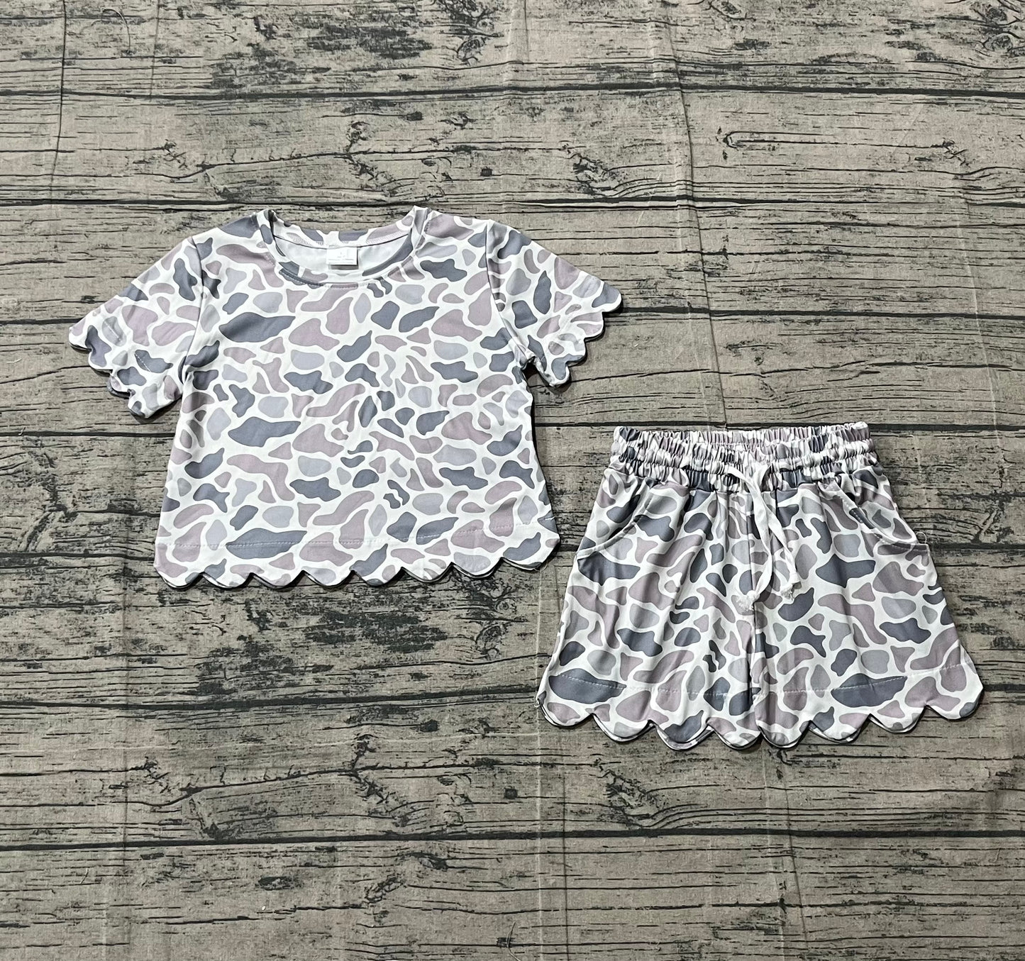 Baby Girls Southern Light Grey Camo Top Pockets Shorts Scallop Clothes Sets