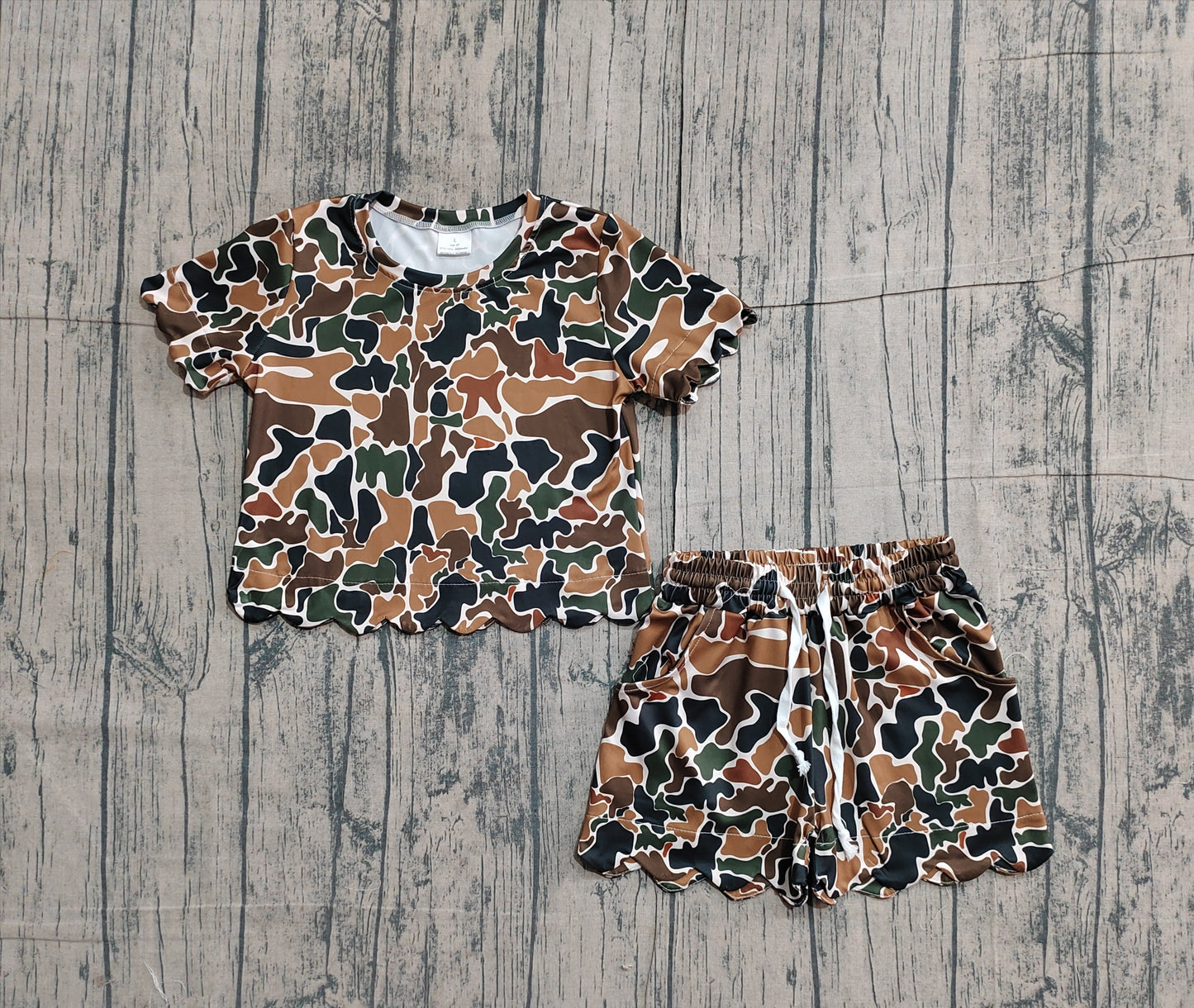 Baby Girls Southern Dark Brown Camo Top Pockets Shorts Scallop Clothes Sets