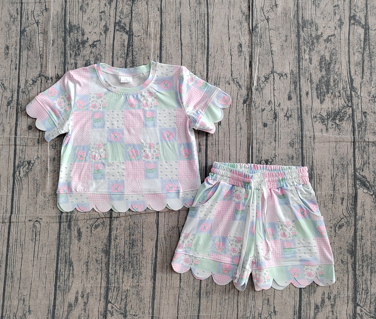 Baby Girls Colorful Flowers Checked Top Scallop Shorts Clothes Sets