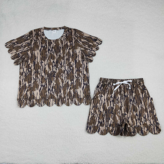 Adult Women Southern Olive Camo Top Pockets Short Scallop Clothes Sets