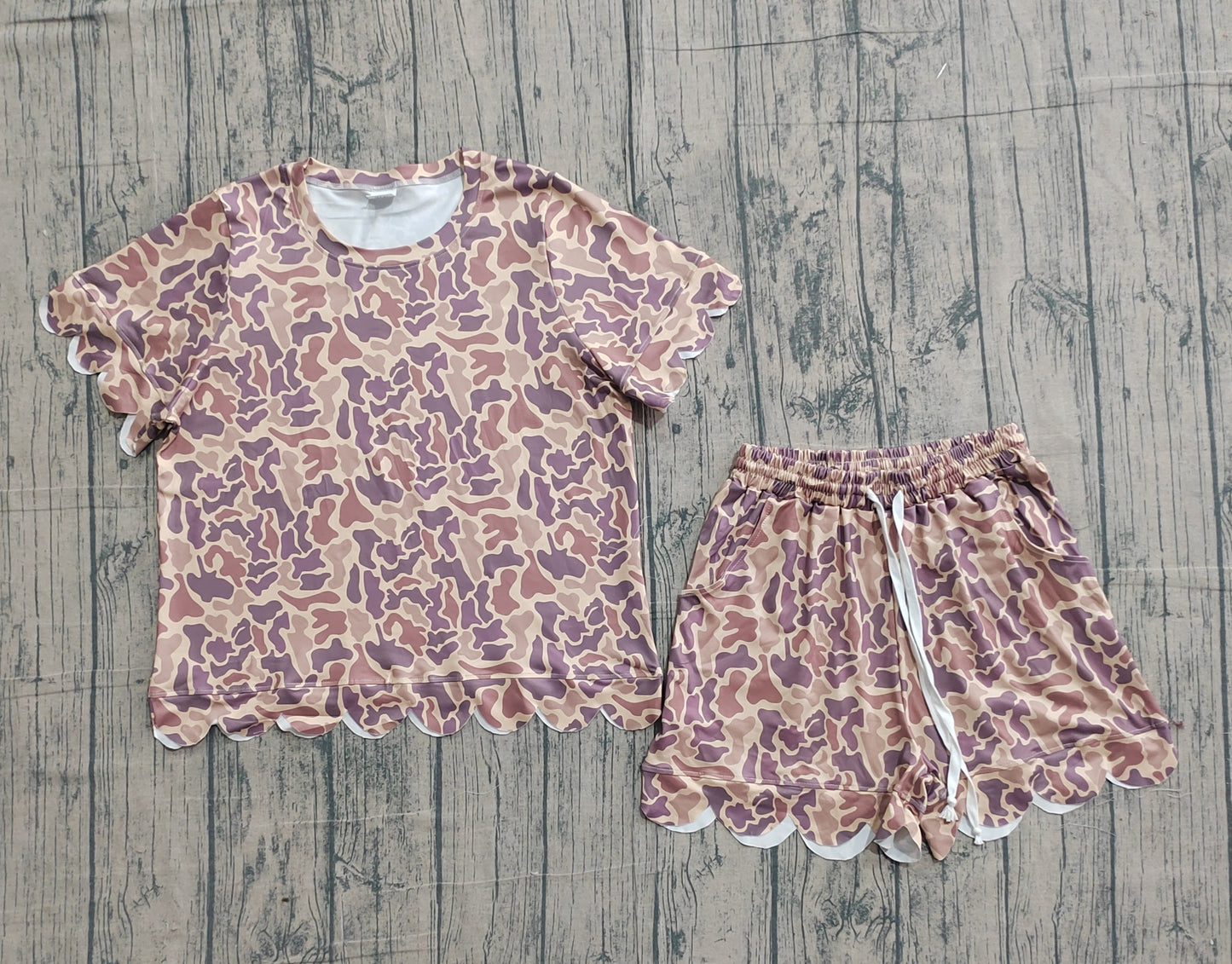 Adult Women Southern Khaki Camo Top Pockets Short Scallop Clothes Sets
