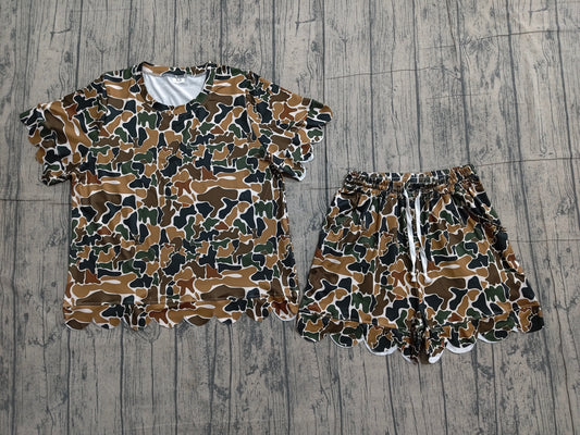 Adult Women Southern Dark Brown Camo Top Pockets Short Scallop Clothes Sets