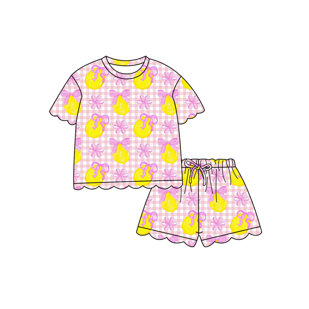 Baby Girls Pink Checked Lemons Bows Top Scallop Shorts Clothes Sets Preorder