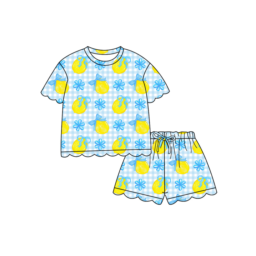 Baby Girls Blue Checked Lemons Bows Top Scallop Shorts Clothes Sets Preorder