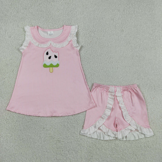 Embroidery Popsicle Baby Girls Pink Stripe Collar Tunic Ruffle Shorts Clothes Sets