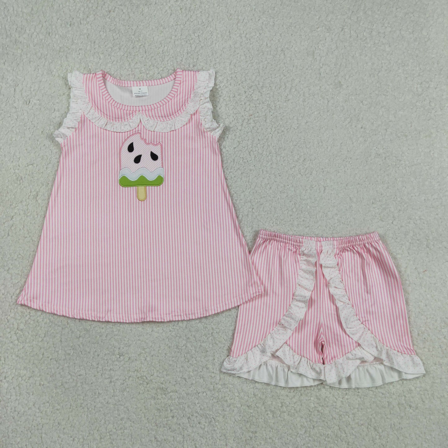 Embroidery Popsicle Baby Girls Pink Stripe Collar Tunic Ruffle Shorts Clothes Sets