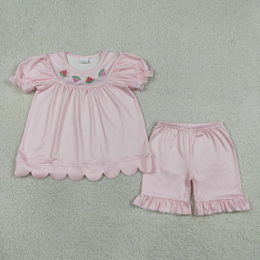 Embroidery Watermelons Baby Girls Pink Stripe Scallop Tunic Ruffle Shorts Clothes Sets