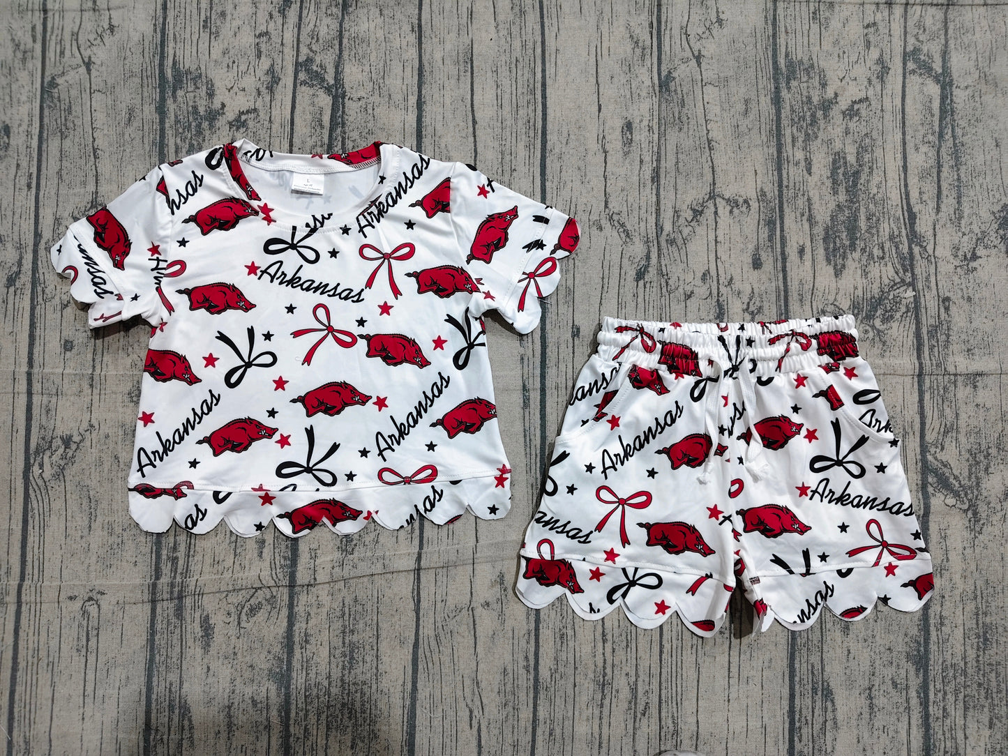 Baby Girls Star Bows Arkansas Top Pockets Shorts Team Scallop Clothes Sets