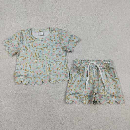 Baby Girls Short Sleeve Colorful Flowers Top Pockets Shorts Scallop Clothes Sets