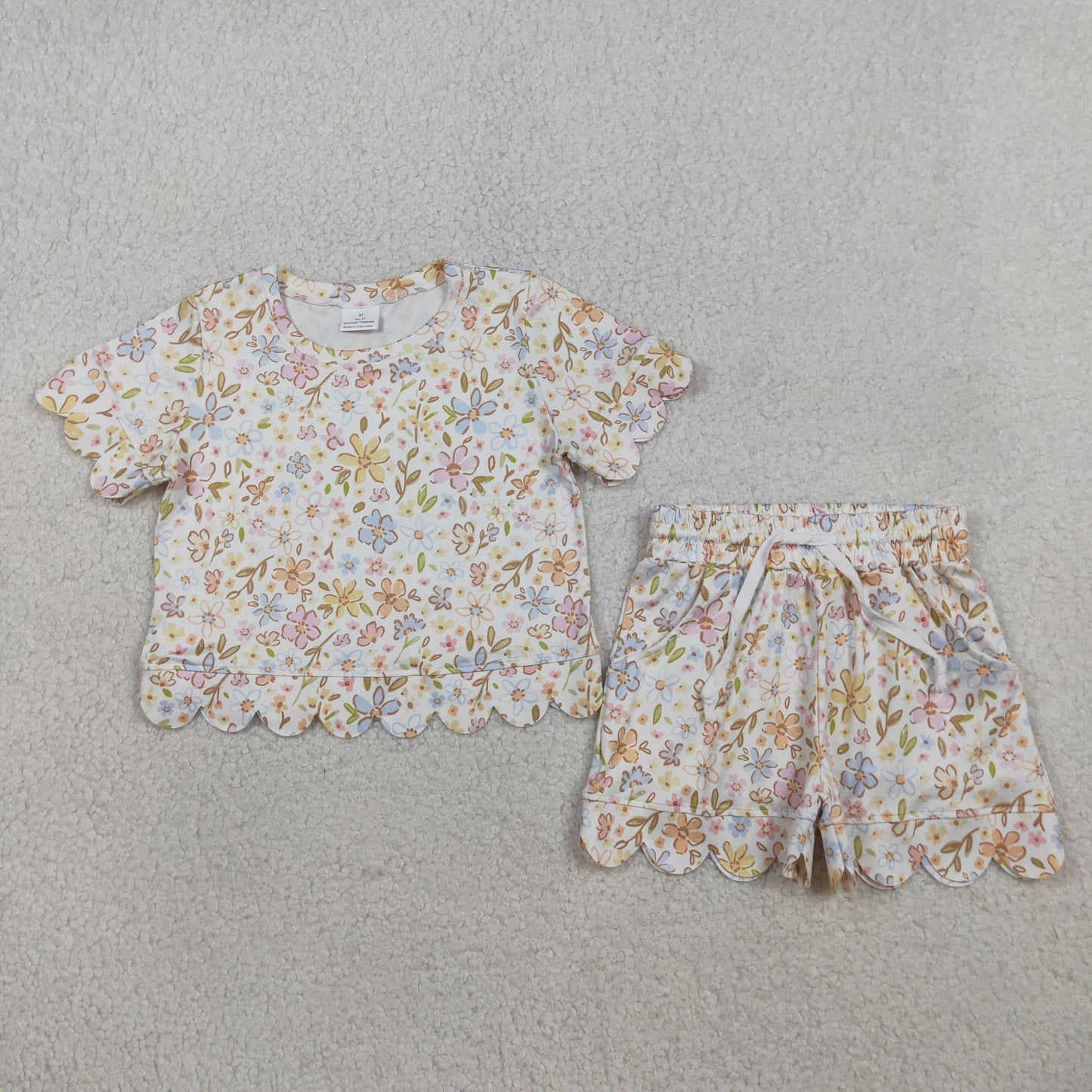 Sibling Baby Girls Colorful Flowers Top Pockets Shorts Scallop Clothes Sets