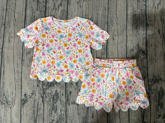Baby Girls Short Sleeve Colorful Flowers Top Scallop Shorts Clothes Sets