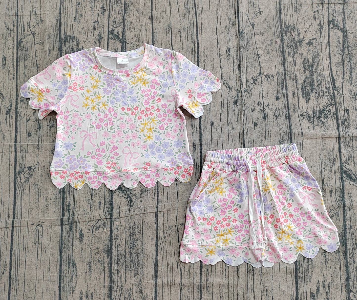 Baby Girls Colorful Flowers Bows Top Pockets Shorts Scallop Clothes Sets