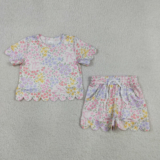 Baby Girls Colorful Flowers Bows Top Pockets Shorts Scallop Clothes Sets