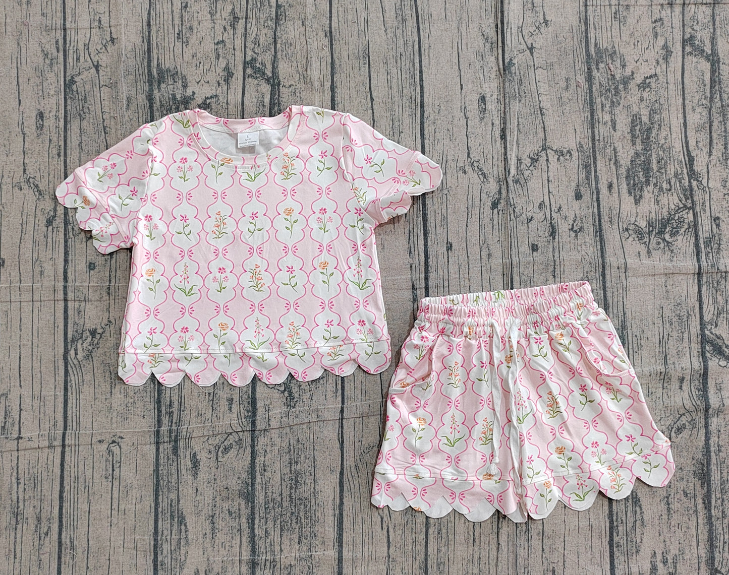 Baby Girls Colorful Flowers Checked Top Shorts Scallop Clothes Sets