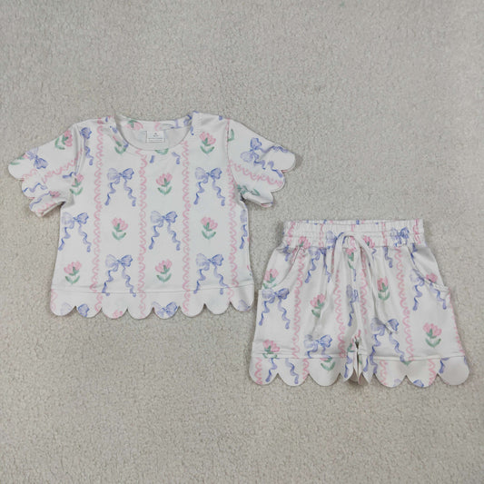 Baby Girls Short Sleeve Blue Bow Flowers Stripe Top Shorts Scallop Clothes Sets