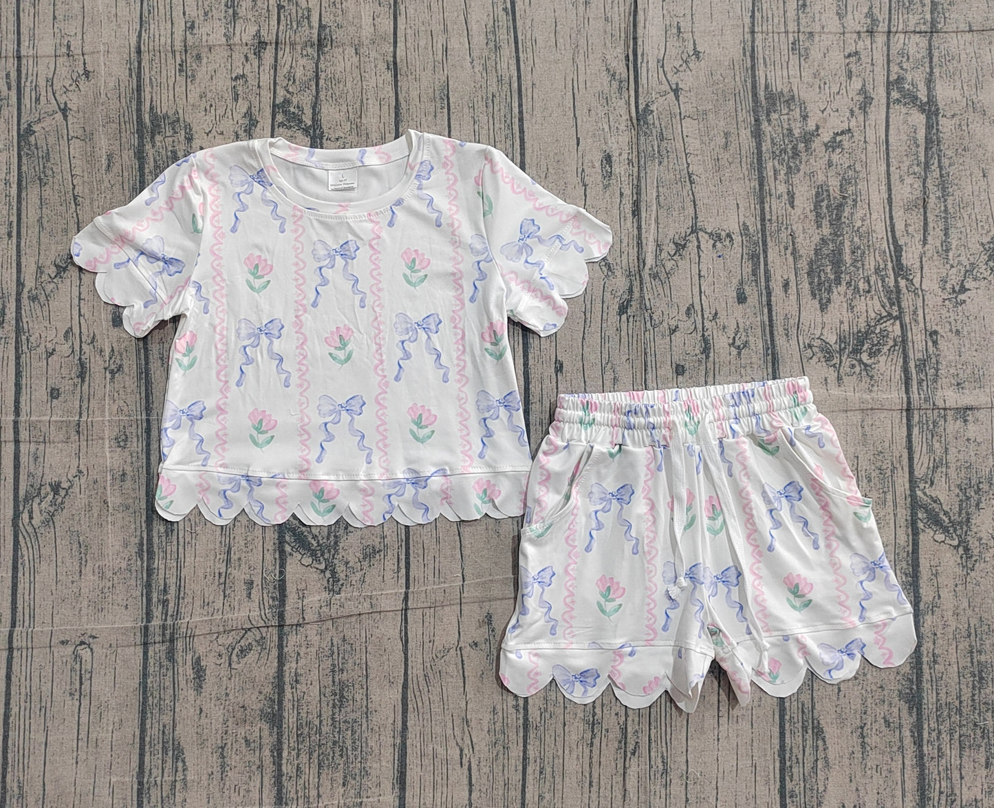 Baby Girls Short Sleeve Blue Bow Flowers Stripe Top Shorts Scallop Clothes Sets