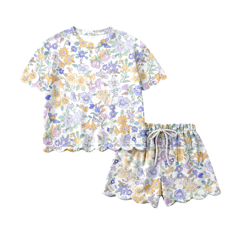 Baby Girls Short Sleeve Colorful Flowers Top Scallop Shorts Clothes Sets Preorder