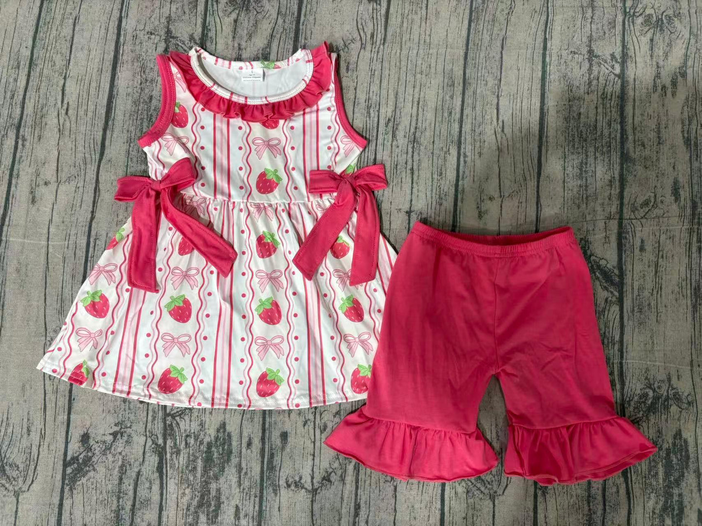 Baby Girls Strawberry Bows Stripe Tunic Ruffle Shorts Clothes Set